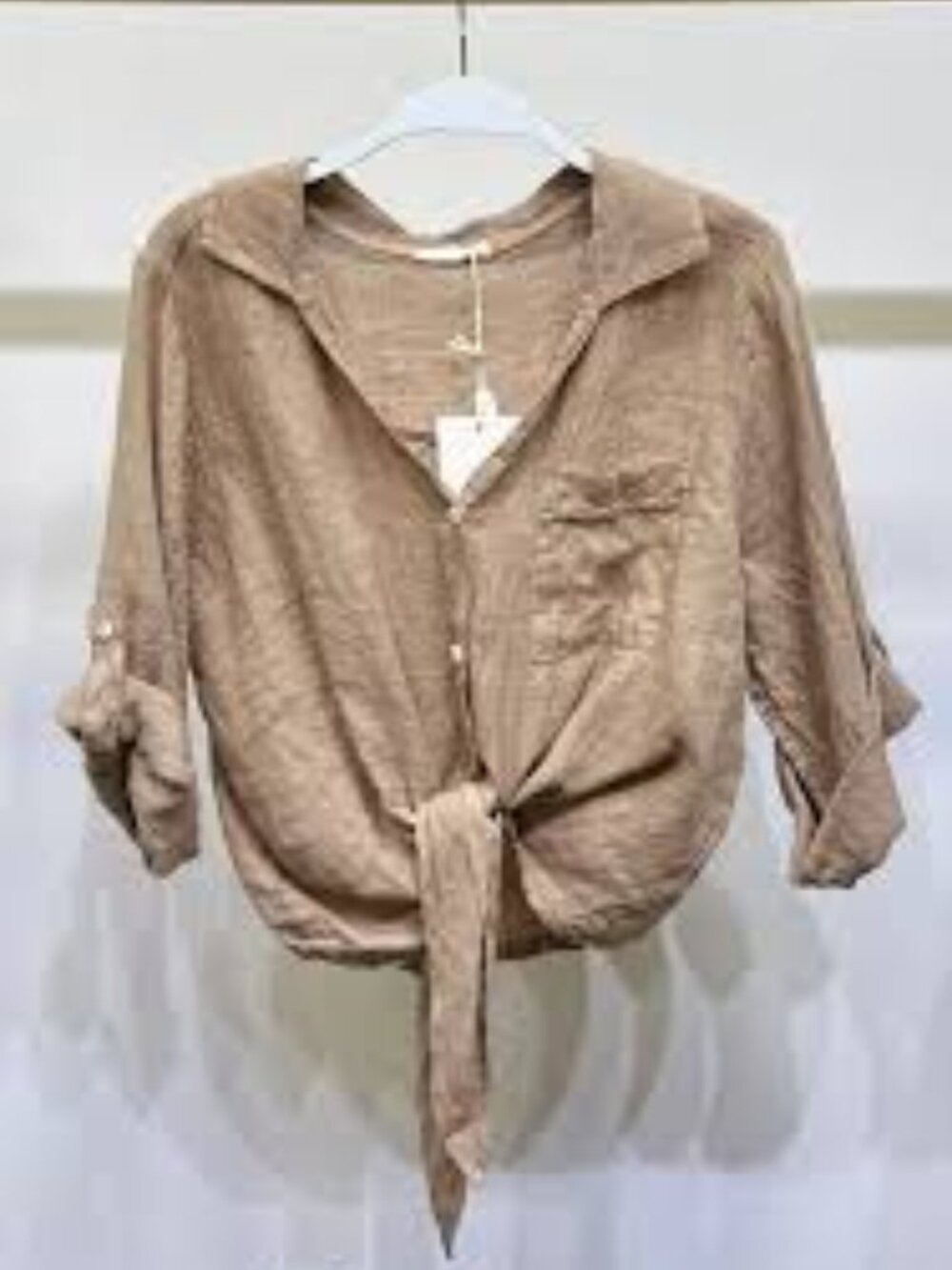 Milio-Milano Tan Linen Front Tie Button Shirt Size Medium